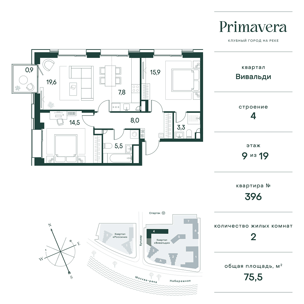 Планировка Квартира с 2 спальнями 75.5 м2 в ЖК Primavera