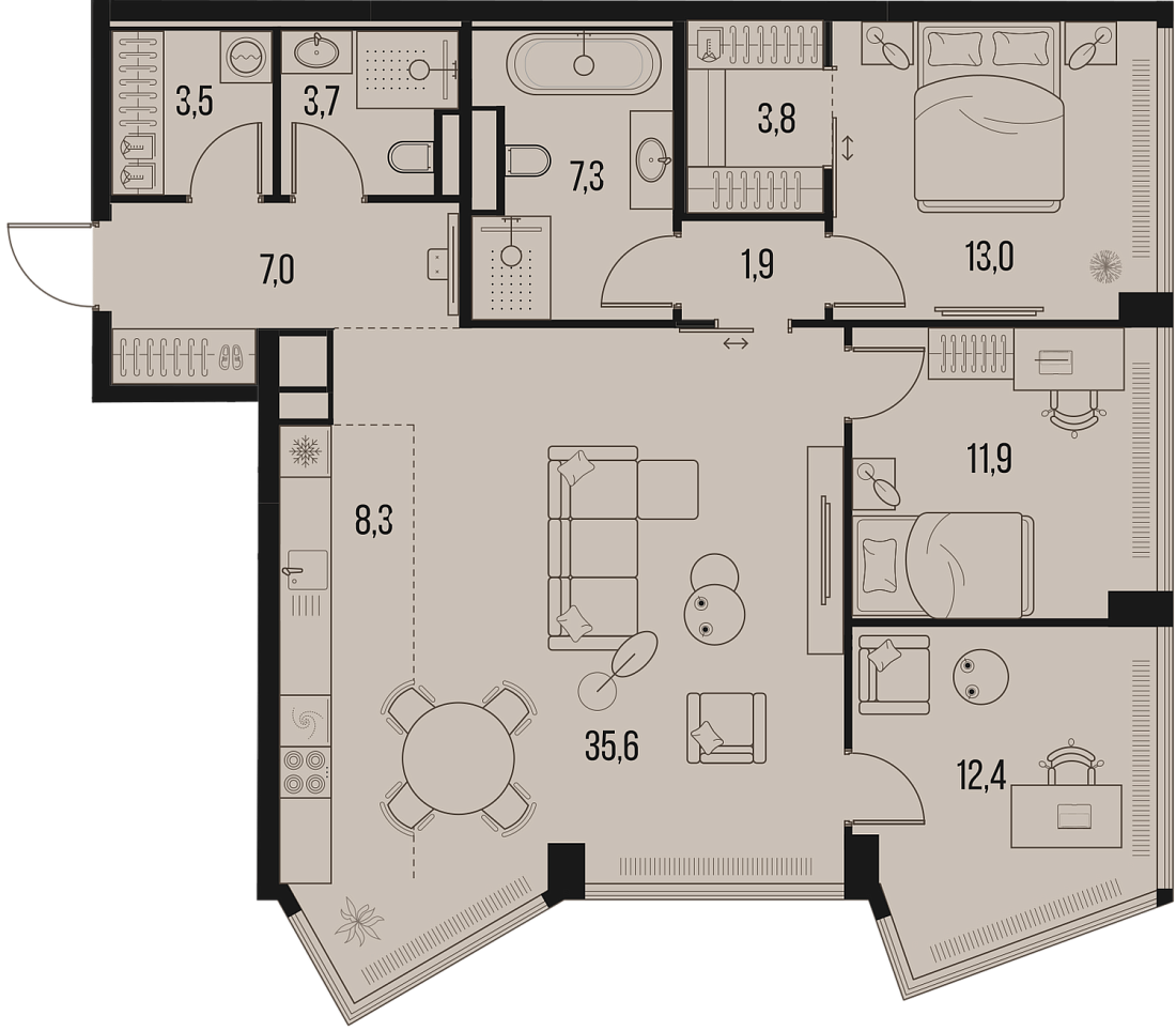 Планировка Квартира с 3 спальнями 108.4 м2 в ЖК High Life