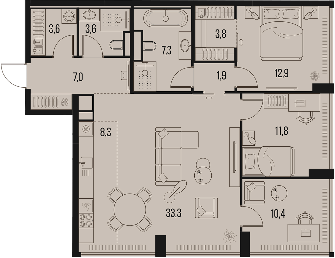 Планировка Квартира с 3 спальнями 103.9 м2 в ЖК High Life