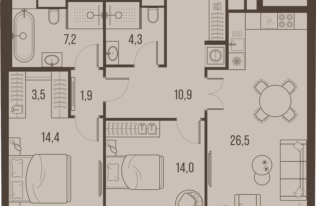 Квартира с 2 спальнями 83.2 м2 в ЖК High Life
