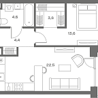 Планировка Квартира с 1 спальней 51.1 м2 в ЖК Soul