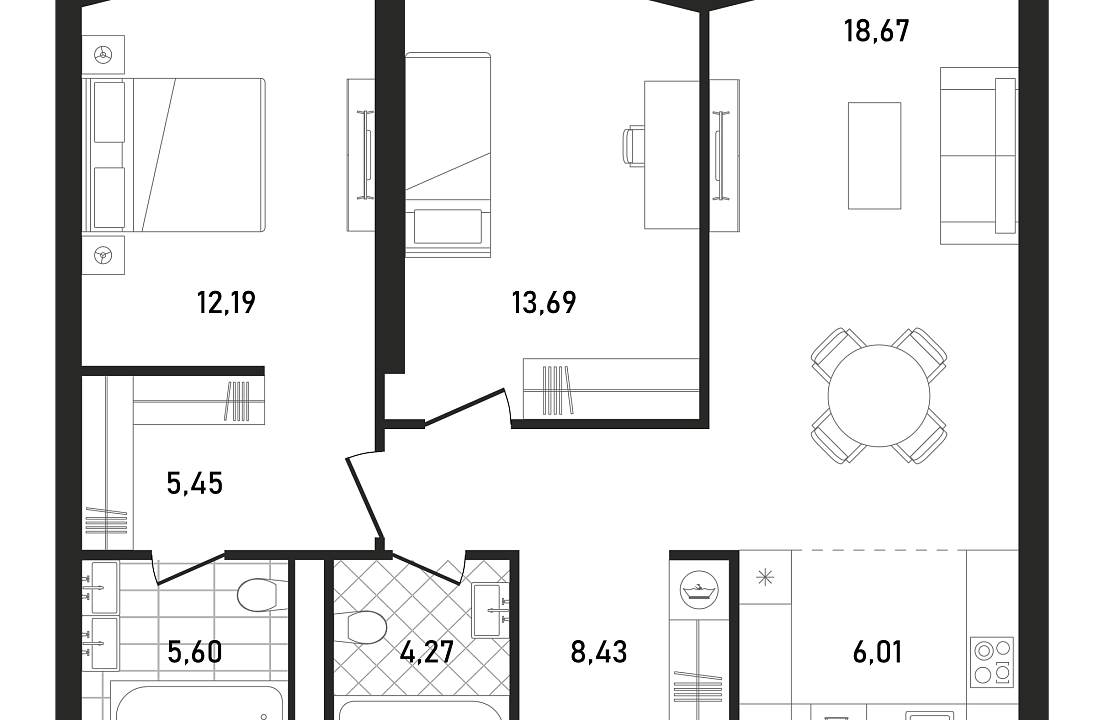Квартира с 3 спальнями 74.72 м2 в ЖК Republic