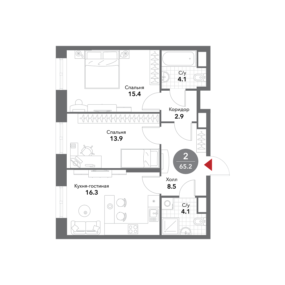 Планировка Квартира с 2 спальнями 65.4 м2 в ЖК Voxhall