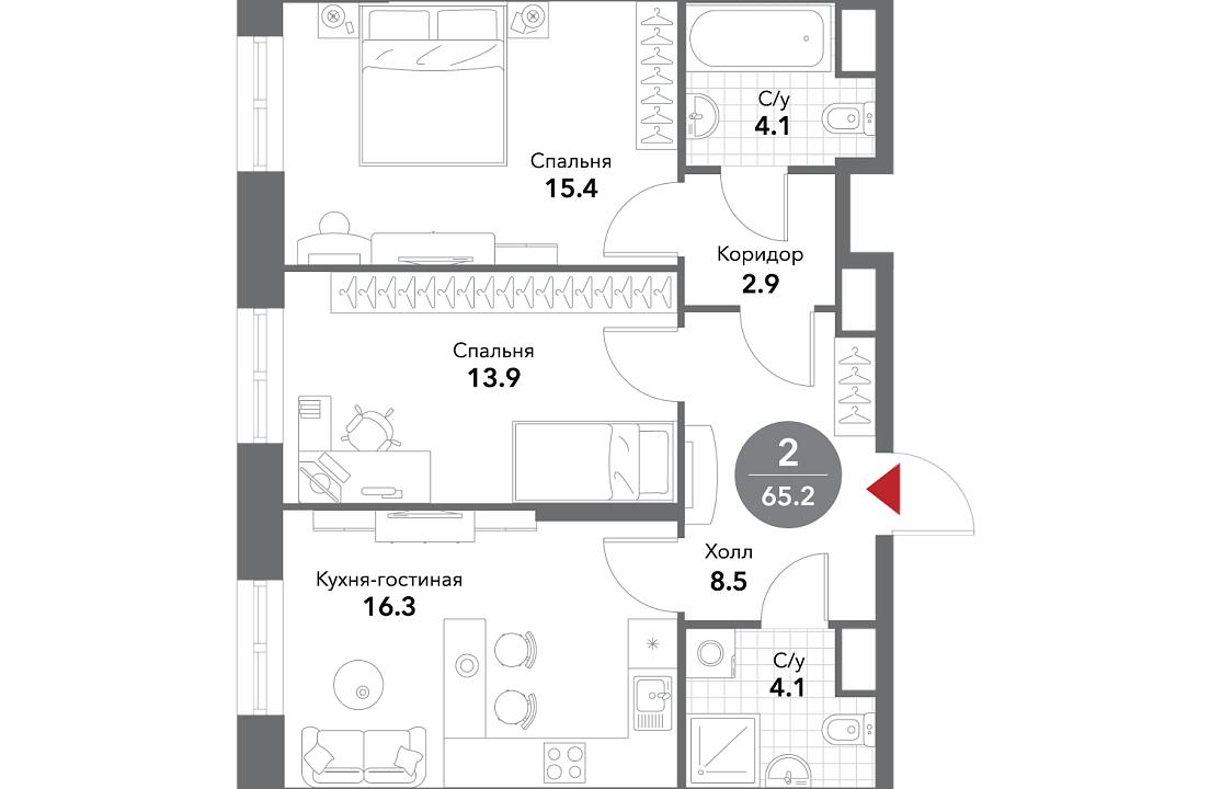 Квартира с 2 спальнями 65.3 м2 в ЖК Voxhall