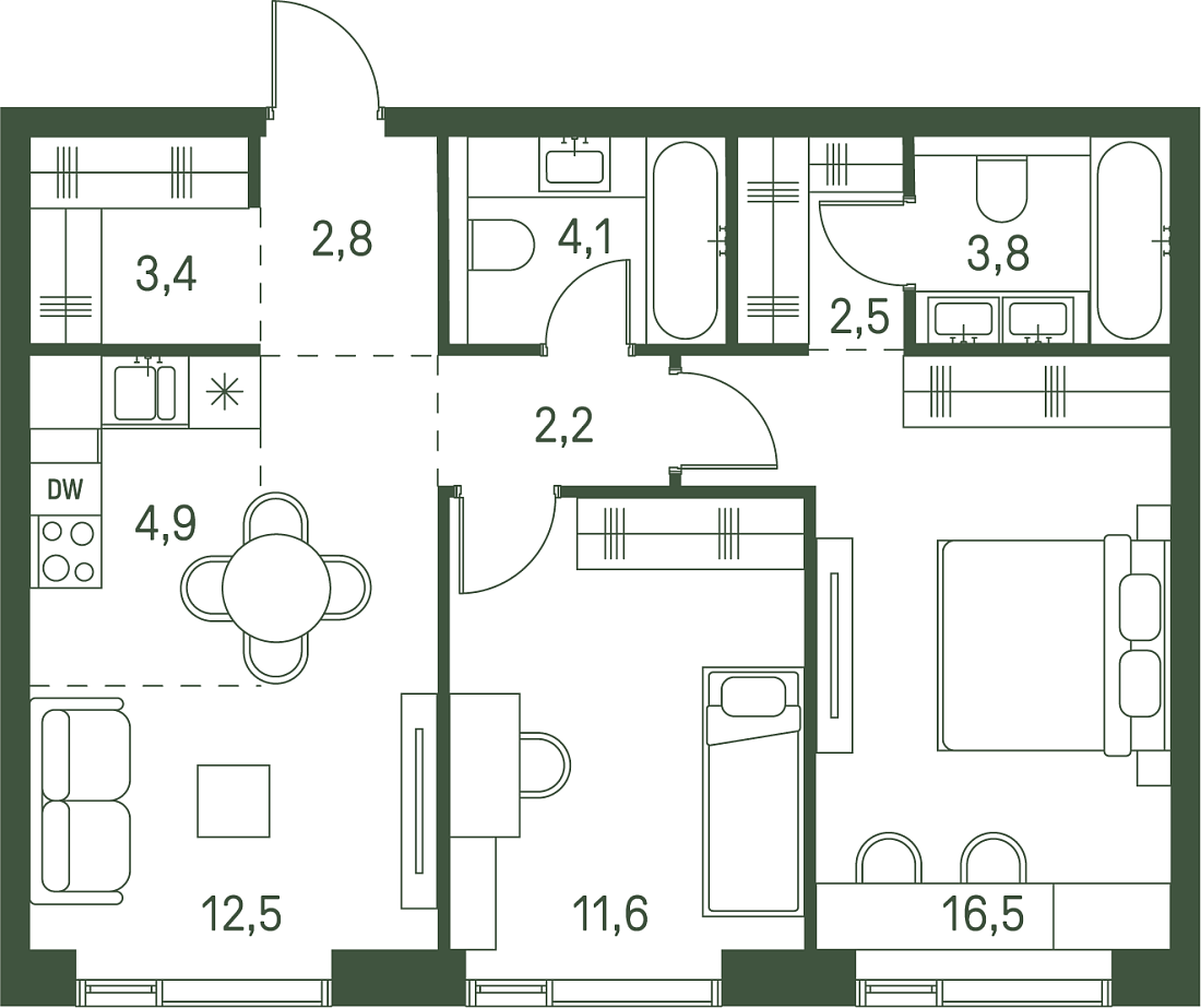 Планировка Квартира с 2 спальнями 64.3 м2 в ЖК Moments