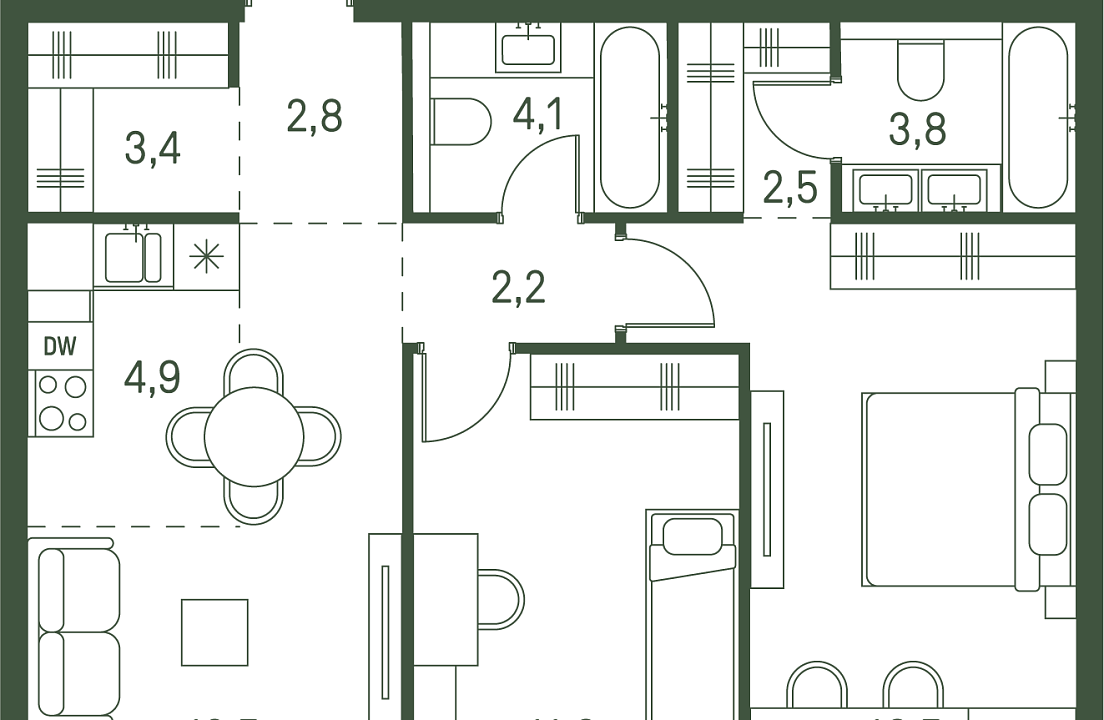 Квартира с 2 спальнями 64.3 м2