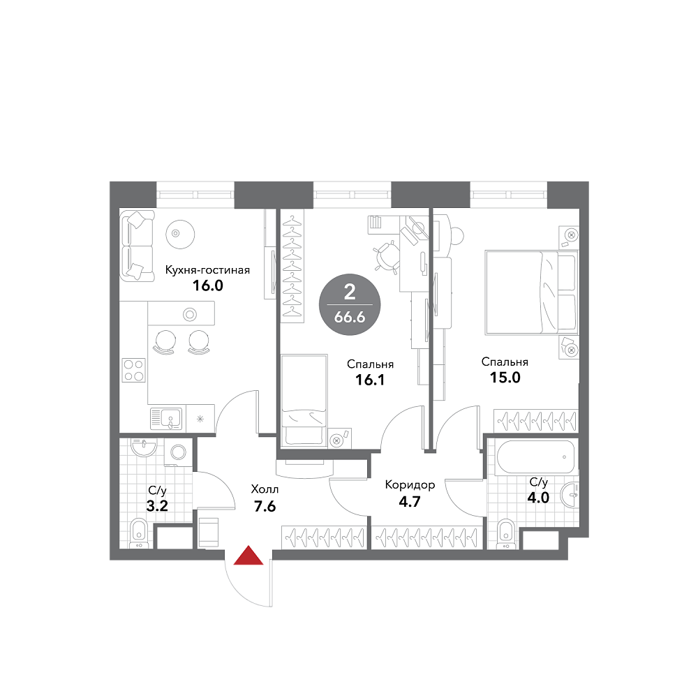 Планировка Квартира с 2 спальнями 66.7 м2 в ЖК Voxhall