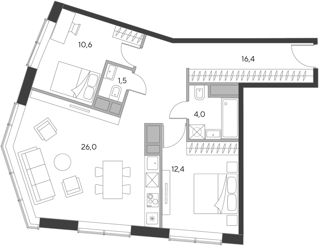 Планировка Квартира с 2 спальнями 70.9 м2 в ЖК Дом Chkalov