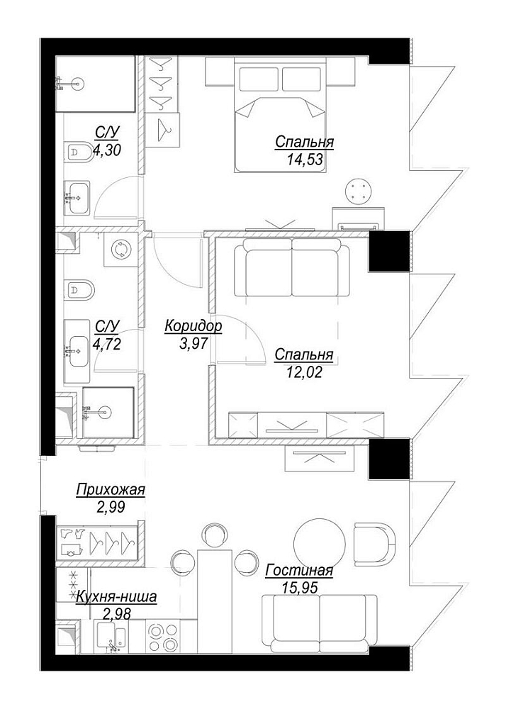 Планировка Квартира с 2 спальнями 61.46 м2 в ЖК Famous
