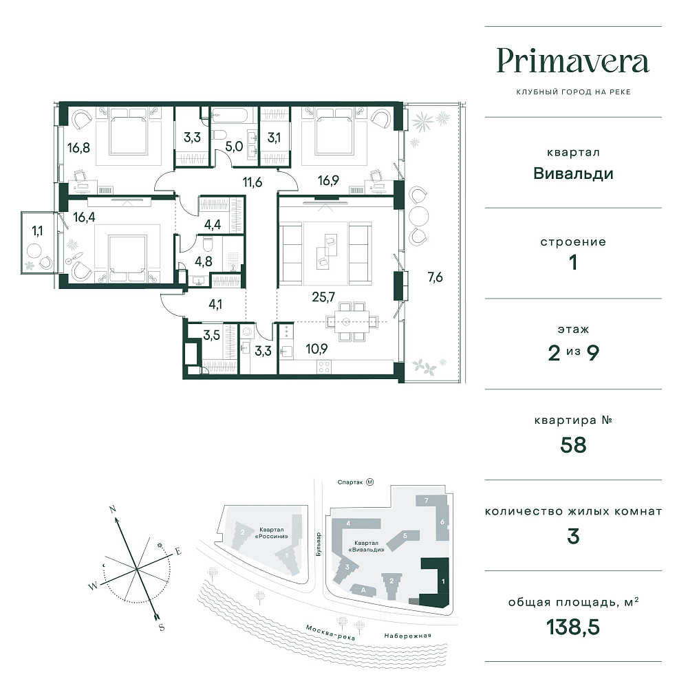 Планировка Квартира с 3 спальнями 138.5 м2 в ЖК Primavera