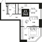 Планировка Апартаменты с 1 спальней 54.8 м2 в ЖК Deco Residence