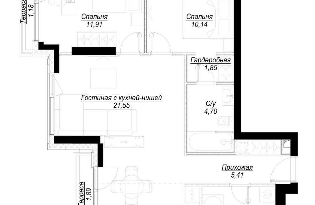 Квартира с 2 спальнями 70.8 м2 в ЖК Hide