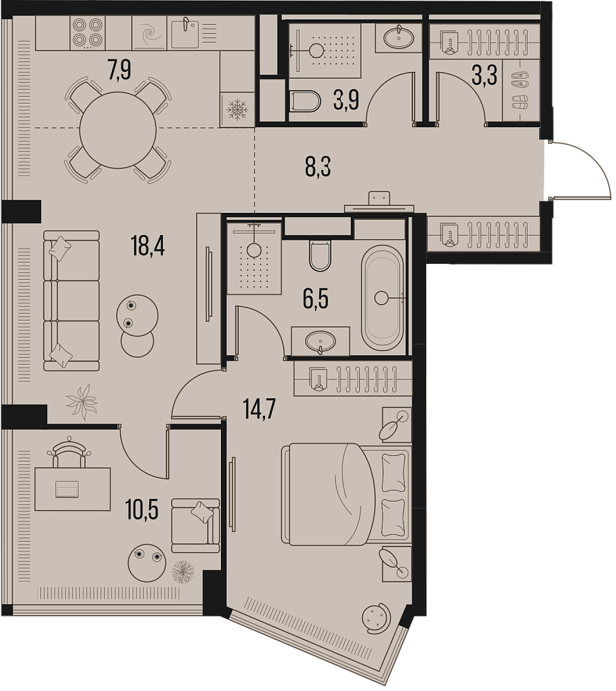 Планировка Квартира с 2 спальнями 73.5 м2 в ЖК High Life