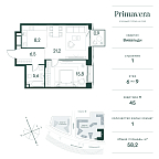 Планировка Квартира с 1 спальней 58.2 м2 в ЖК Primavera