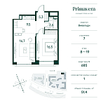 Планировка Квартира с 1 спальней 51.4 м2 в ЖК Primavera