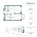 Планировка Квартира с 1 спальней 60.7 м2 в ЖК Primavera