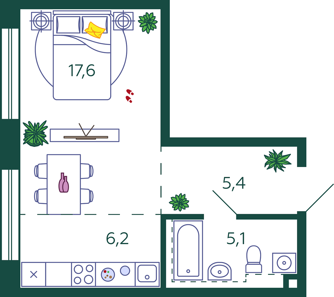 Планировка Квартира с 1 спальней 34.3 м2 в ЖК Shagal