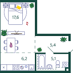 Планировка Квартира с 1 спальней 34.3 м2 в ЖК Shagal