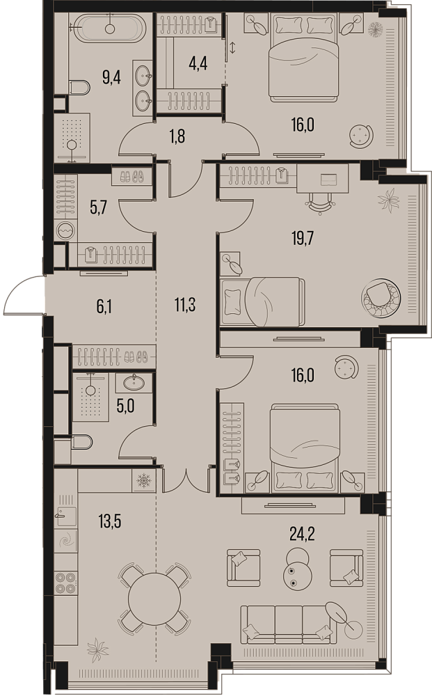 Планировка Квартира с 3 спальнями 133.1 м2 в ЖК High Life