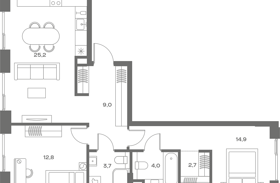 Квартира с 2 спальнями 72.3 м2 в ЖК Soul