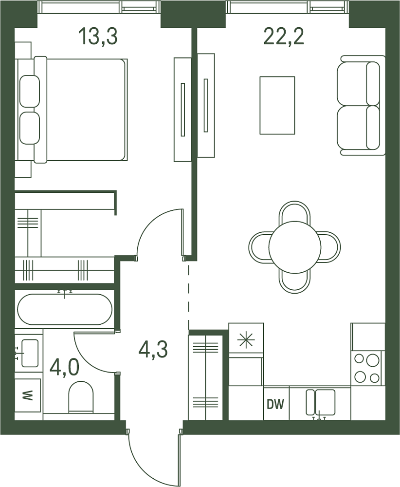 Планировка Квартира с 1 спальней 43.8 м2 в ЖК Moments