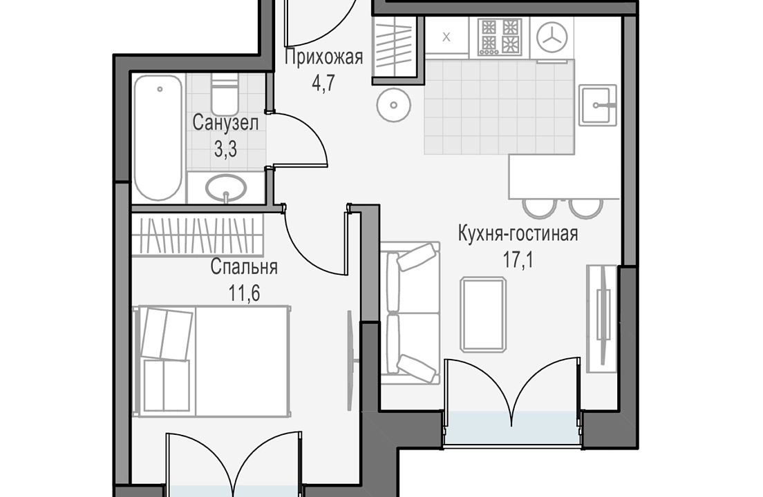 Квартира с 1 спальней 37.66 м2 в ЖК Дом Достижение