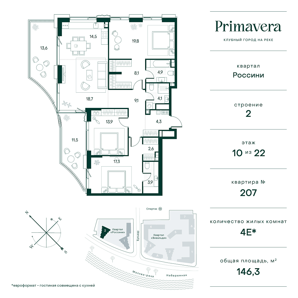 Планировка Квартира с 3 спальнями 132.2 м2 в ЖК Primavera
