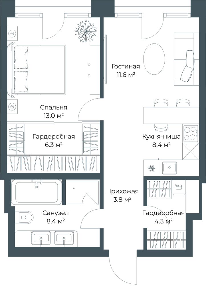 Планировка Квартира с 1 спальней 55.8 м2 в ЖК Opus