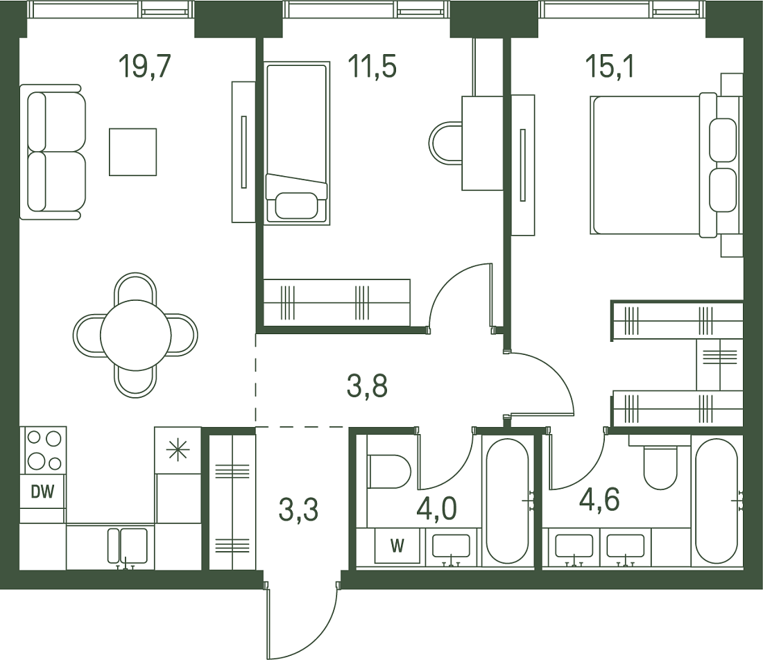 Планировка Квартира с 2 спальнями 62 м2 в ЖК Moments