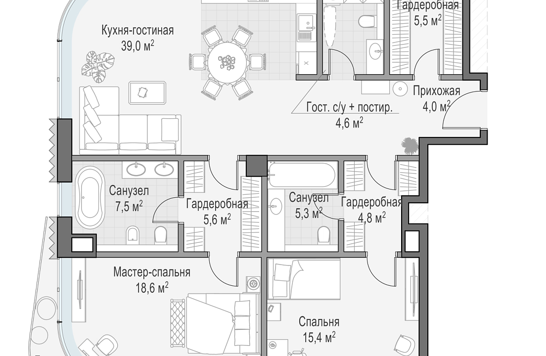 Квартира с 2 спальнями 112.2 м2 в ЖК Лаврушинский