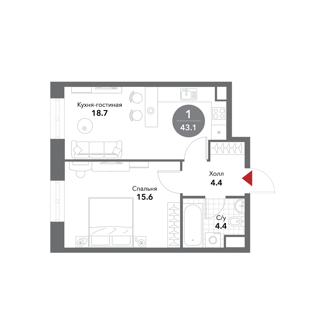 Планировка Квартира с 1 спальней 43.2 м2 в ЖК Voxhall