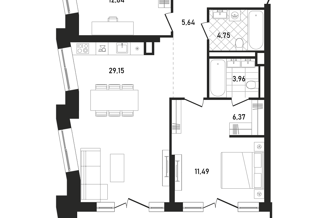 Квартира с 2 спальнями 89.93 м2 в ЖК Republic