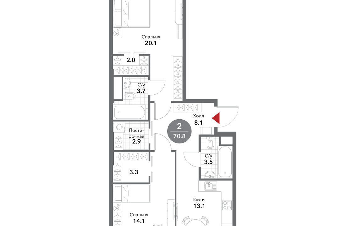 Квартира с 2 спальнями 70.9 м2 в ЖК Voxhall
