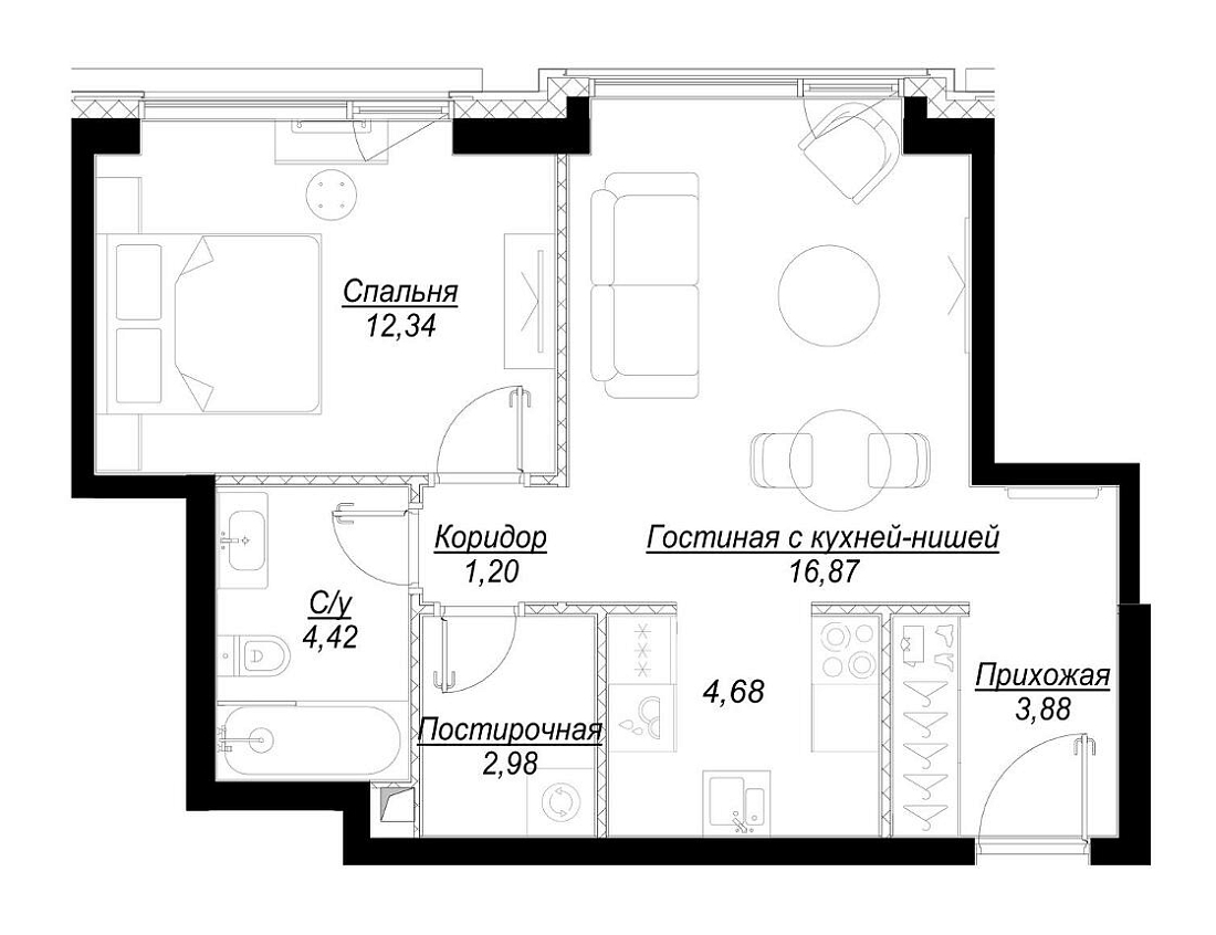 Планировка Квартира с 1 спальней 46.49 м2 в ЖК Hide