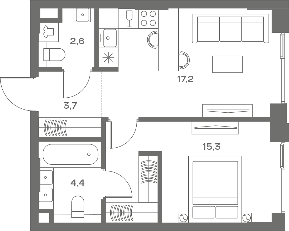 Планировка Квартира с 1 спальней 43.2 м2 в ЖК Soul