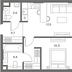 Планировка Квартира с 1 спальней 43.2 м2 в ЖК Soul