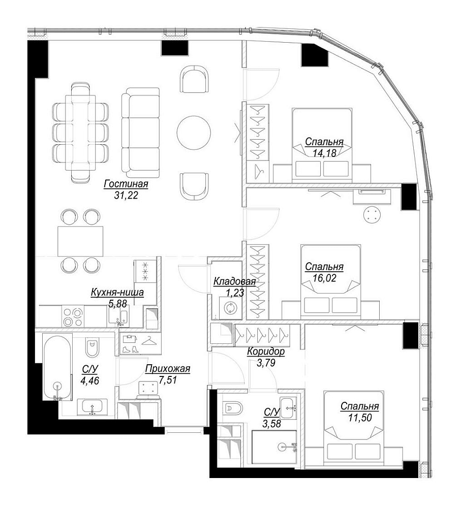 Планировка Квартира с 3 спальнями 99.48 м2 в ЖК Famous