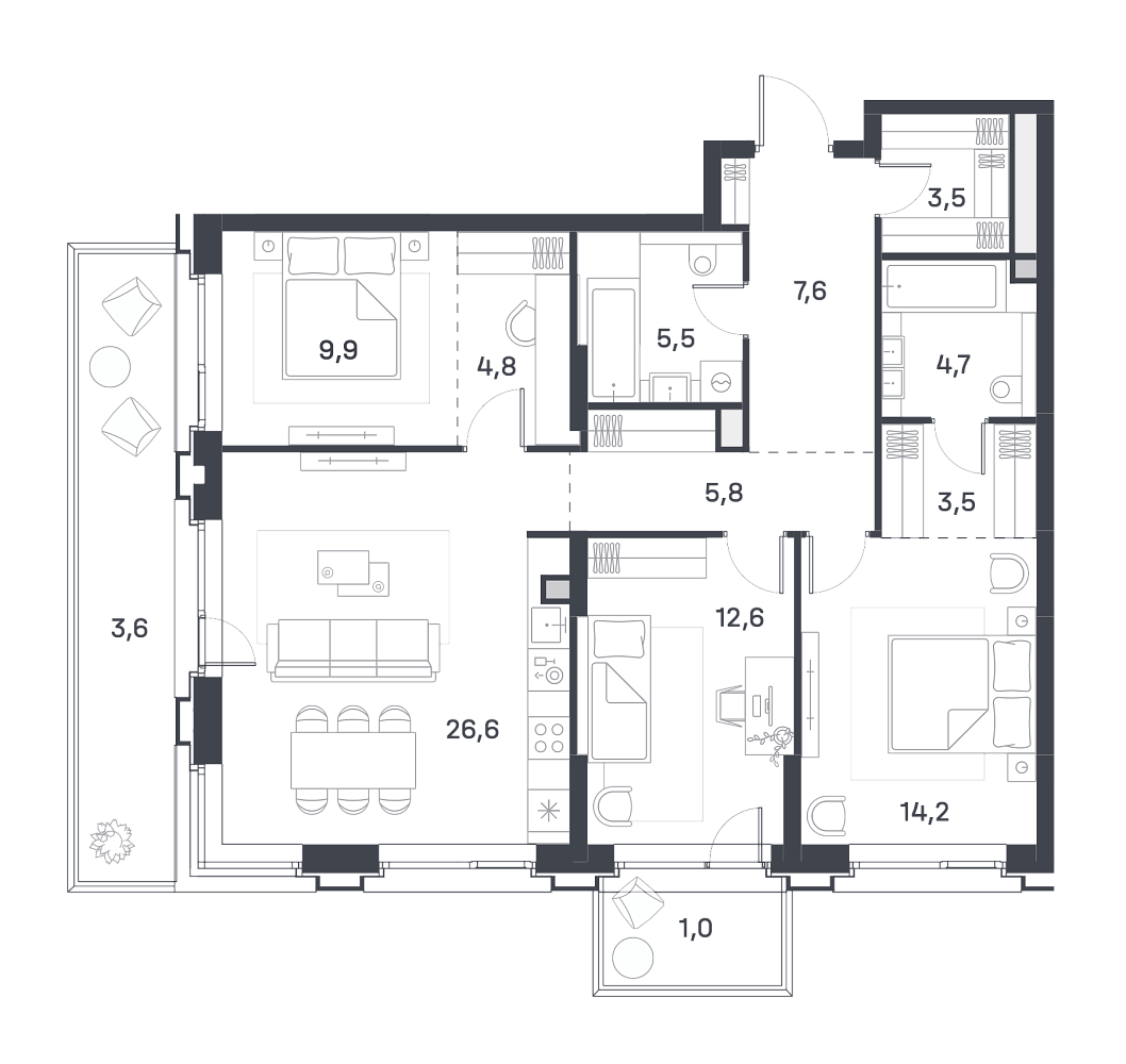 Планировка Квартира с 3 спальнями 104.3 м2 в ЖК Portland