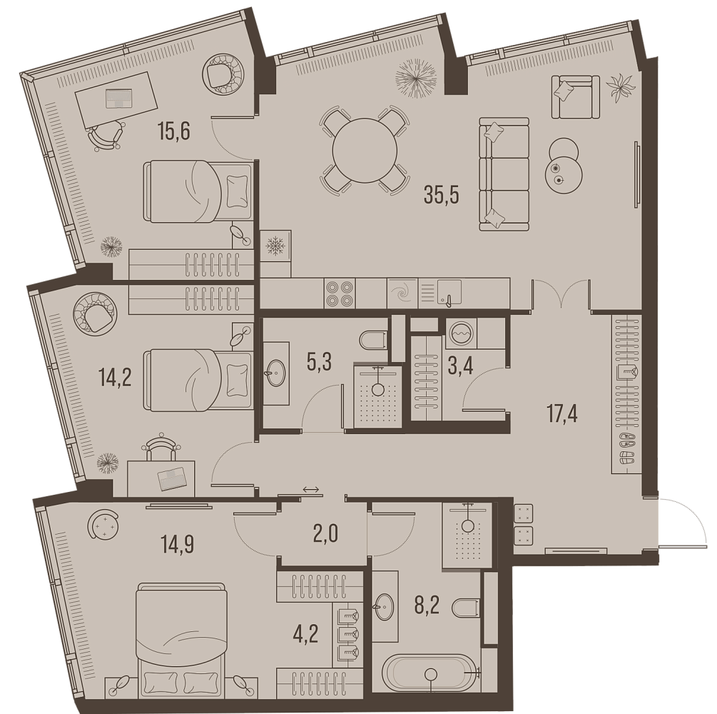 Планировка Квартира с 3 спальнями 120.7 м2 в ЖК High Life