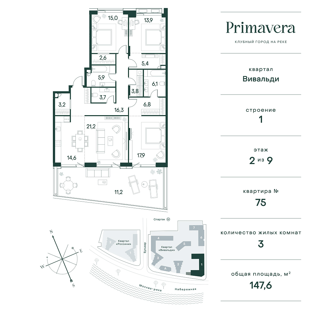 Планировка Квартира с 3 спальнями 147.6 м2 в ЖК Primavera