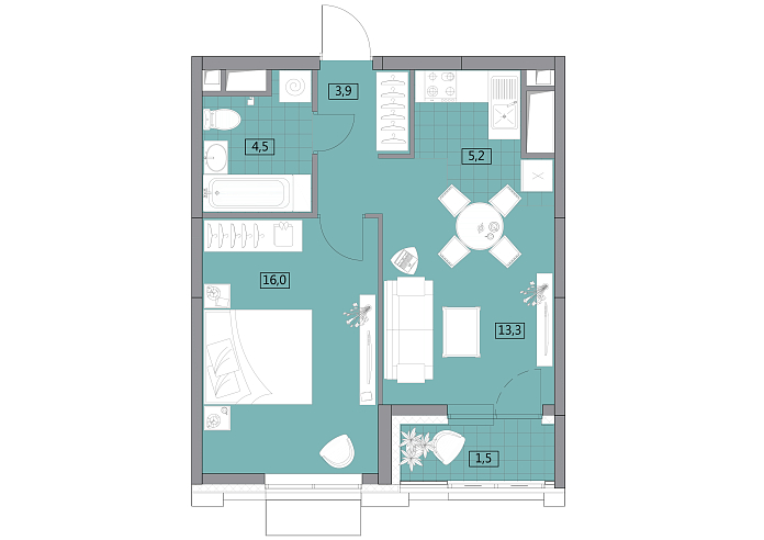 Layout picture 2-rooms from 45.3 m2 Photo 2