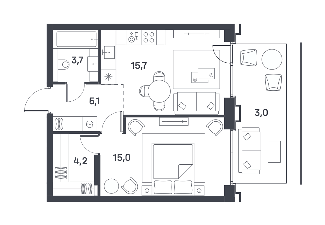 Планировка Квартира с 1 спальней 46.7 м2 в ЖК Portland