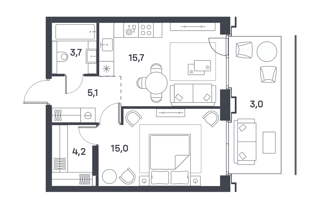 Квартира с 1 спальней 44.7 м2 в ЖК Portland