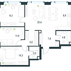 Планировка Квартира с 3 спальнями 95.5 м2 в ЖК Level Мичуринский
