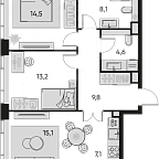 Планировка Квартира с 2 спальнями 72.4 м2 в ЖК Pride