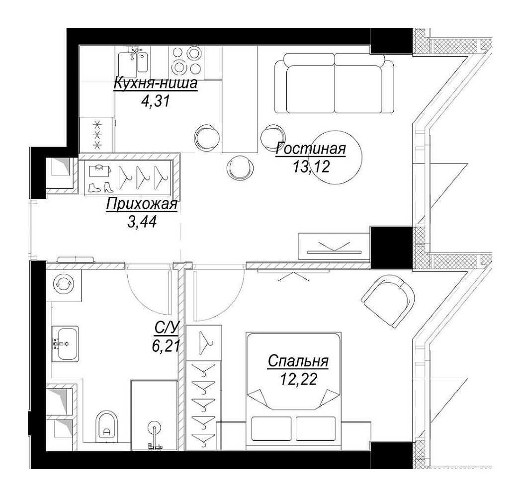 Планировка Квартира с 1 спальней 39.3 м2 в ЖК Famous