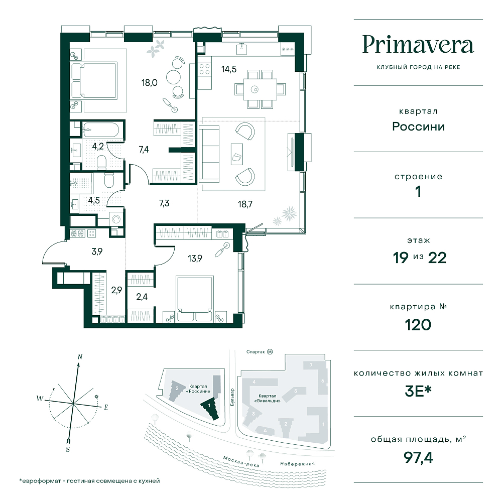 Планировка Квартира с 2 спальнями 97.4 м2 в ЖК Primavera