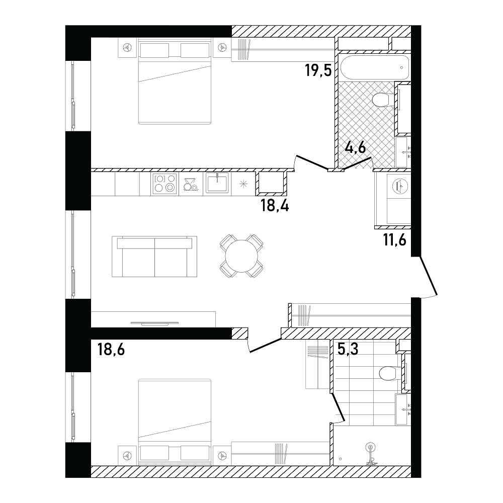 Планировка Квартира с 2 спальнями 77.57 м2 в ЖК Republic