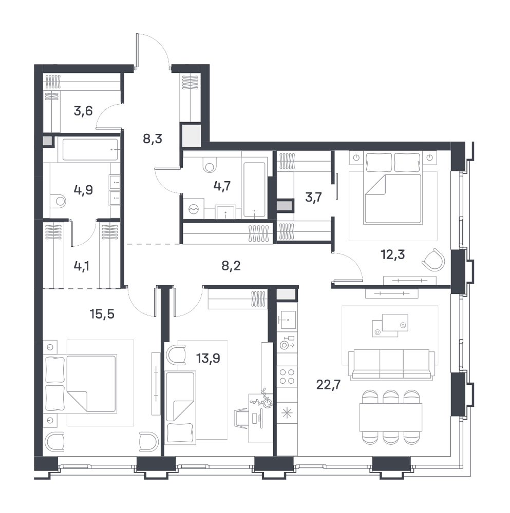 Планировка Квартира с 3 спальнями 101.8 м2 в ЖК Portland
