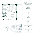 Планировка Квартира с 1 спальней 63.1 м2 в ЖК Primavera